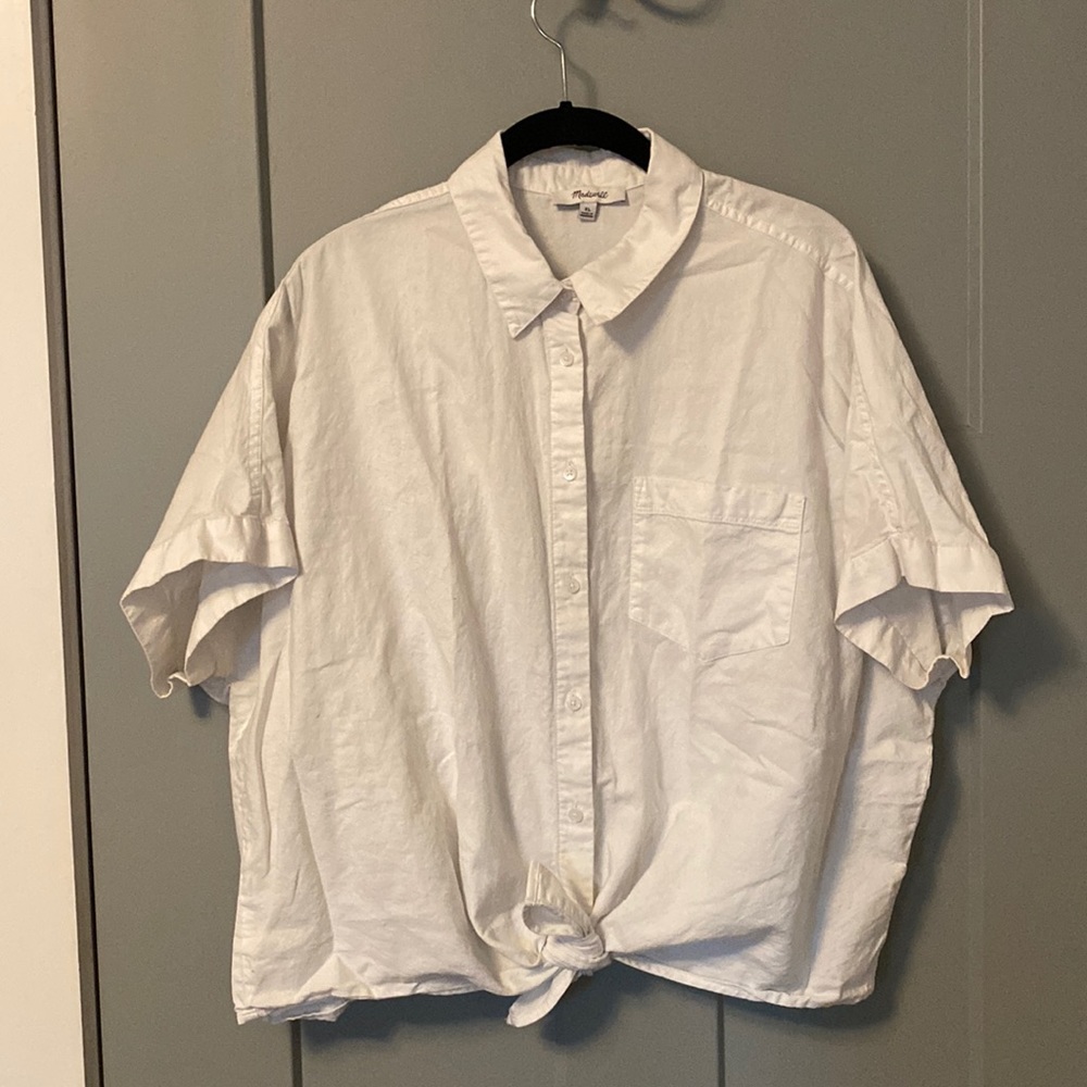 Madewell cropped tie waist short sleeve button up